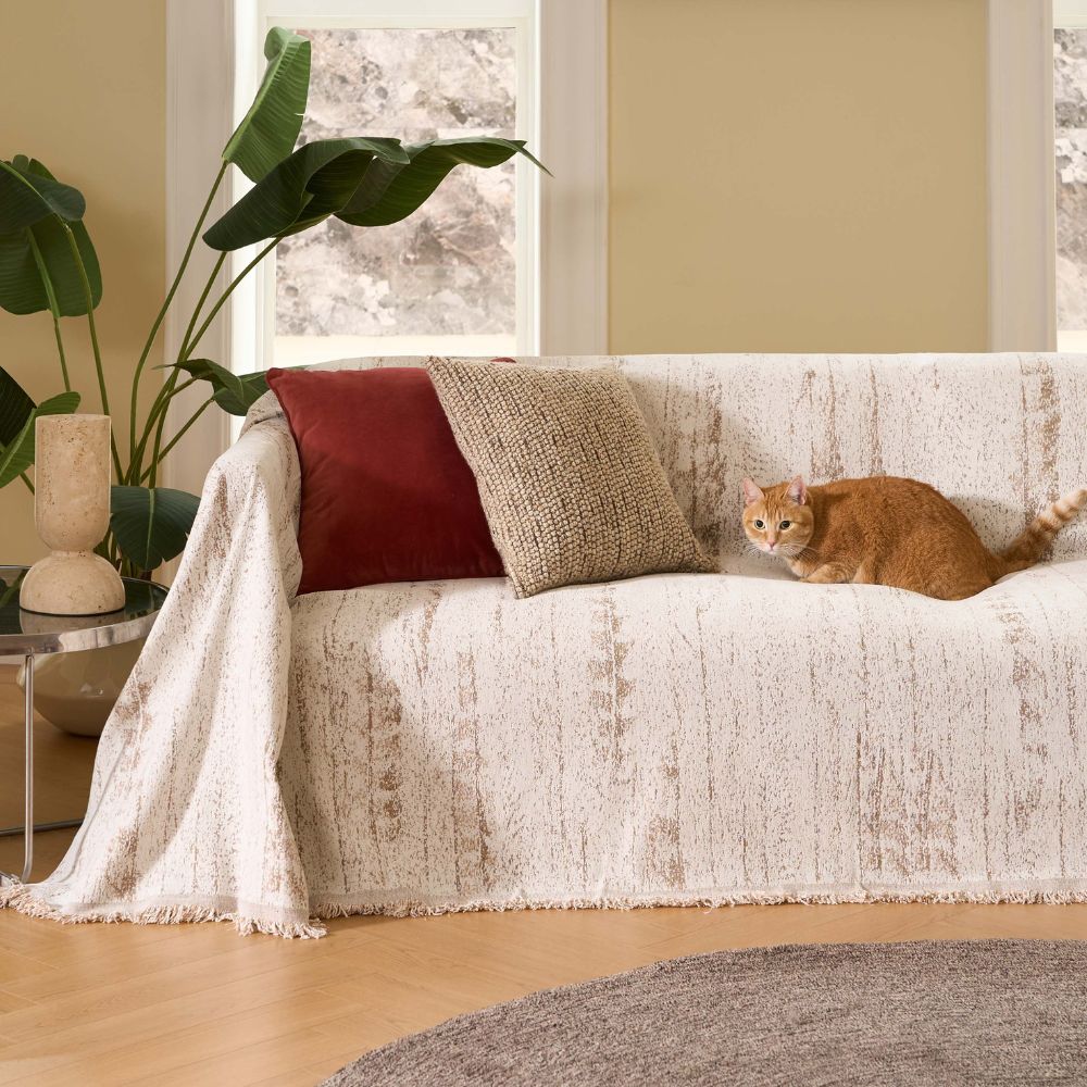 Elegant Textured Sofa Cover Cotton Blend Slipcover Beige Living Room Protector — Main Image