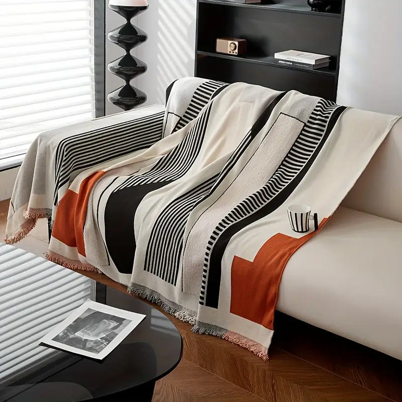 Modern Geometric Cotton Sofa Throw Blanket Black White Orange Striped Decorative Living Room Cover — Image 4