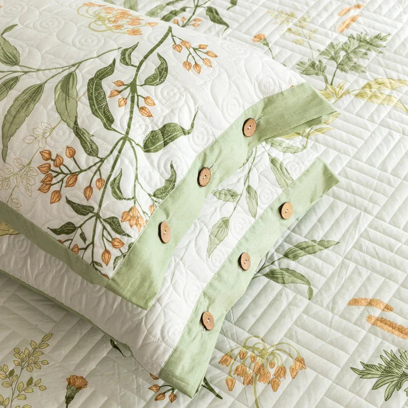 Floral Quilted Bedspread Set Cotton Green Botanical Pattern King Size — Image 10