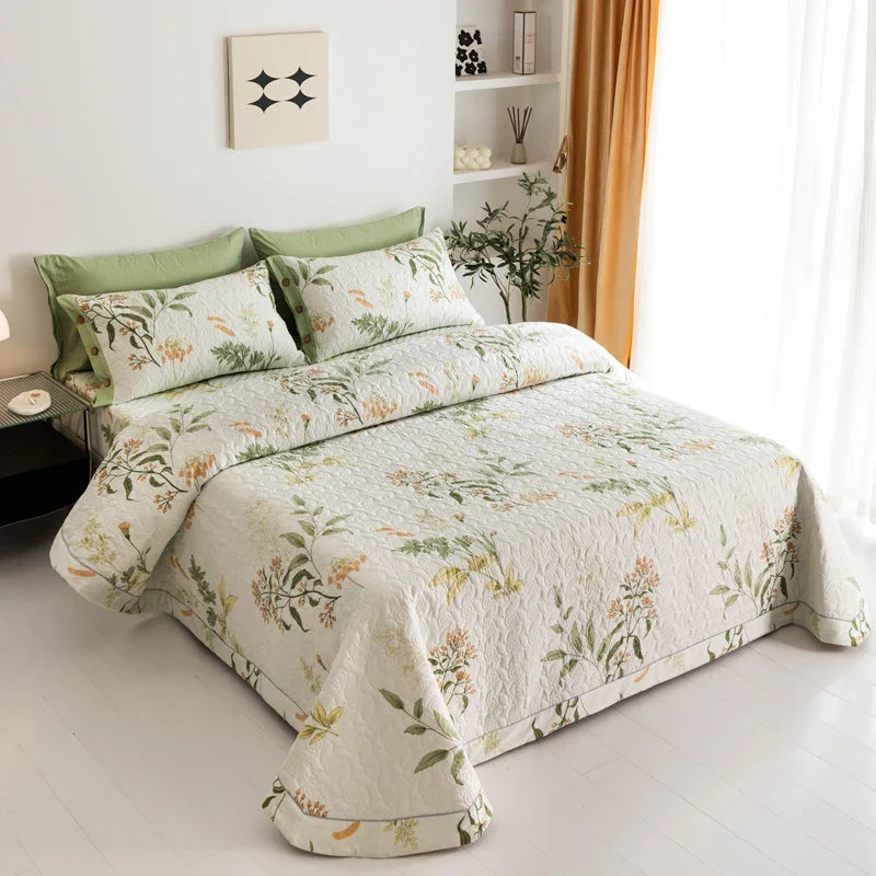 Floral Quilted Bedspread Set Cotton Green Botanical Pattern King Size — Image 2