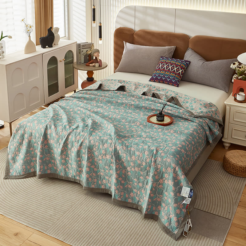 Reversible Floral Cotton Quilt Blanket King Size Blue Pink Green Pattern — Image 2