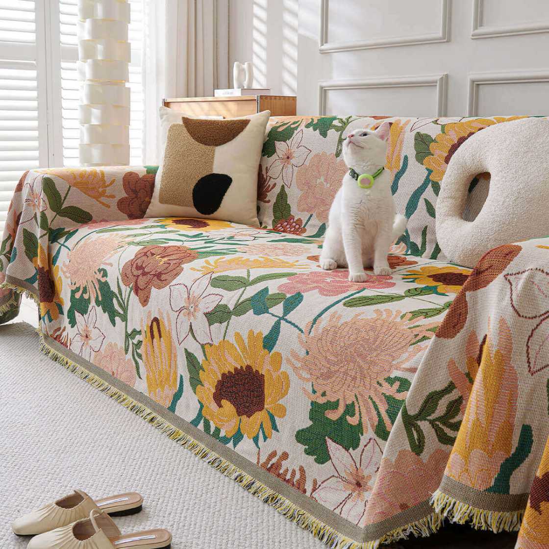 Reversible Floral Sofa Cover Cotton Blend Tapestry with Tassels for Living Room — Main Image