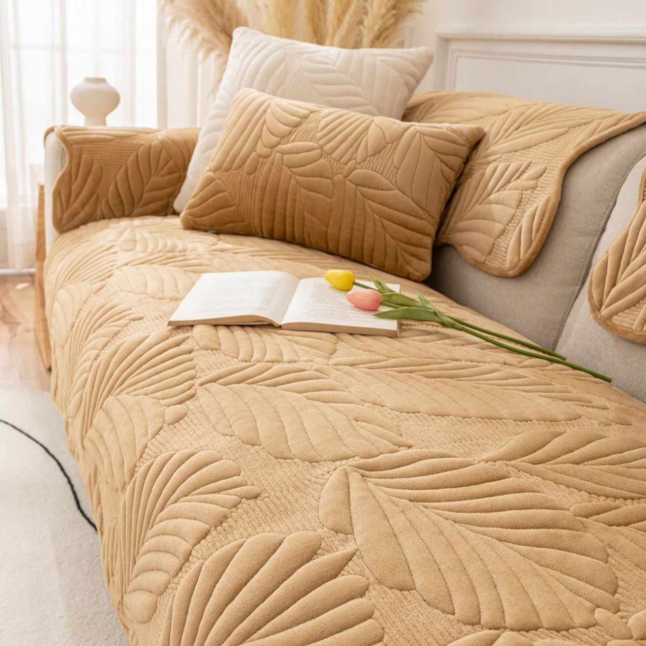 Pet-Friendly Quilted Sofa Cover Beige Polyester Non-Slip Protector — Image 5