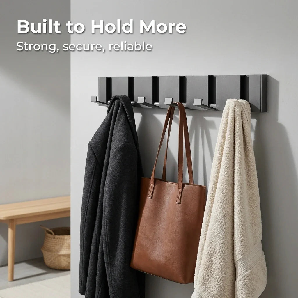 Modern Wall-Mounted Foldable Coat Rack Aluminum Black 6 Hooks Space-Saving Bathroom Kitchen Entryway — Image 2