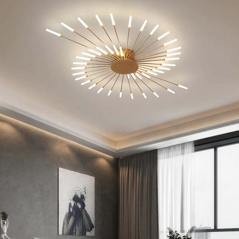 Modern Sputnik LED Ceiling Light Fixture Metal Starburst Chandelier Black Gold — Image 2