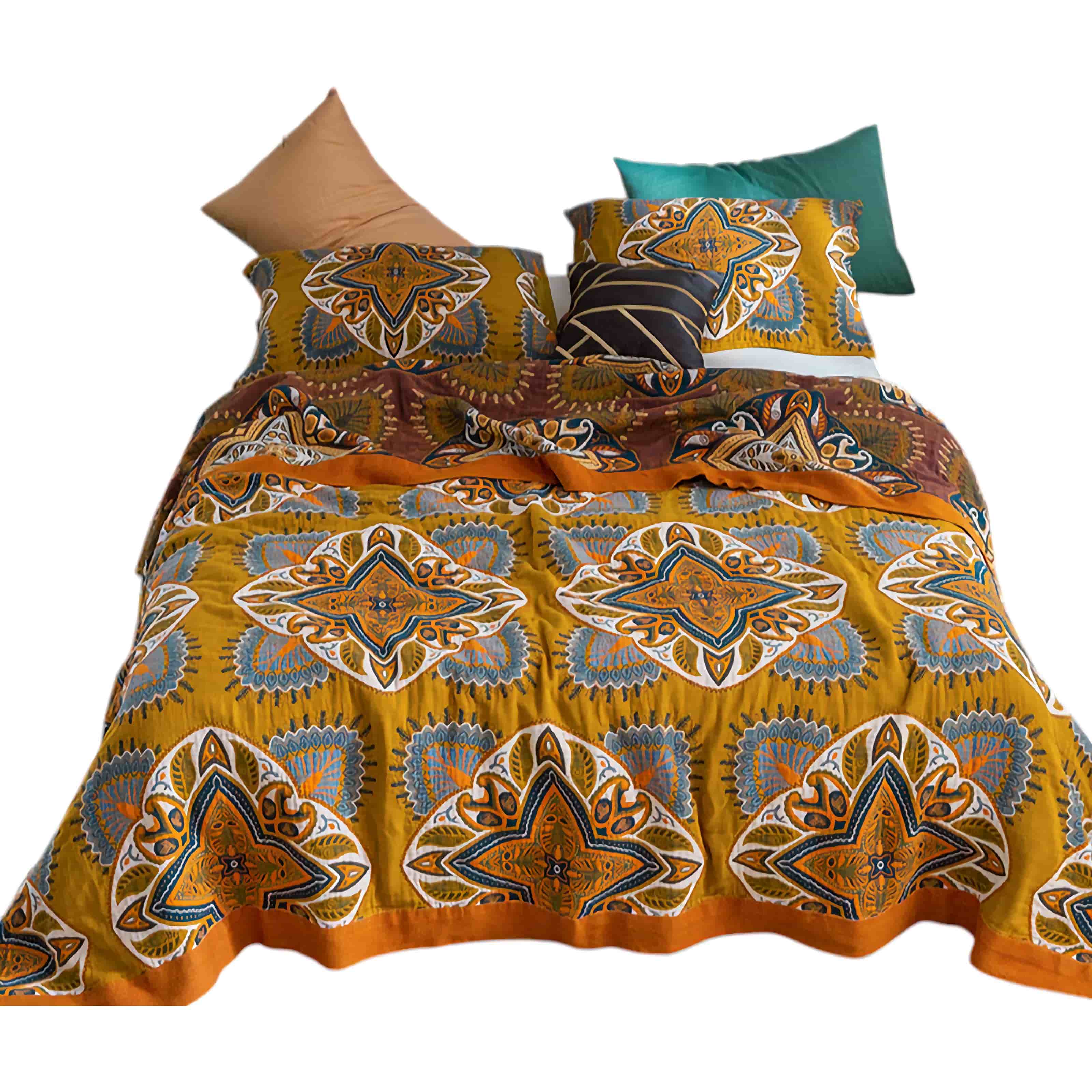 Bohemian Mandala Pattern Cotton Bedspread King Size Teal Yellow Reversible Quilt — Image 9