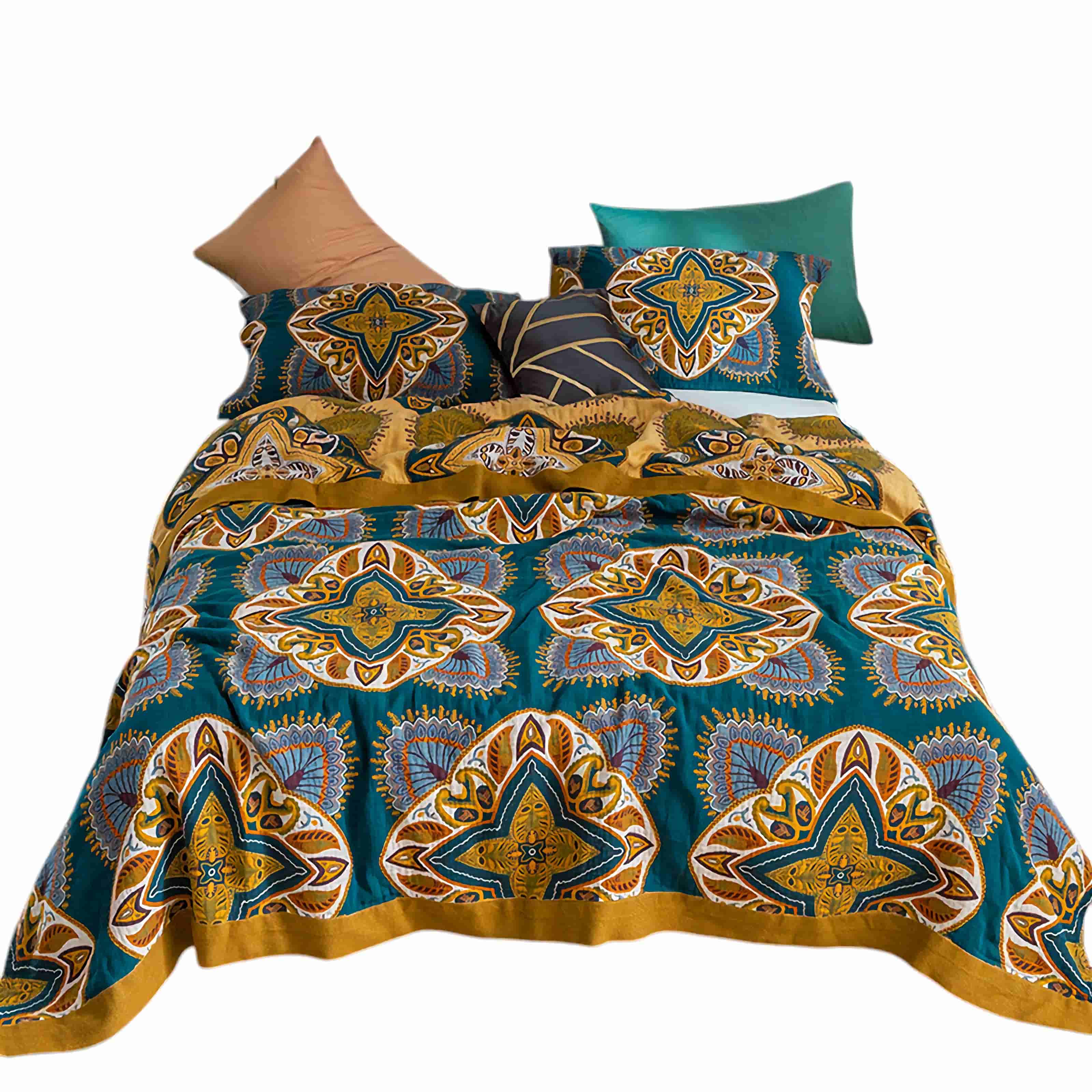 Bohemian Mandala Pattern Cotton Bedspread King Size Teal Yellow Reversible Quilt — Image 10