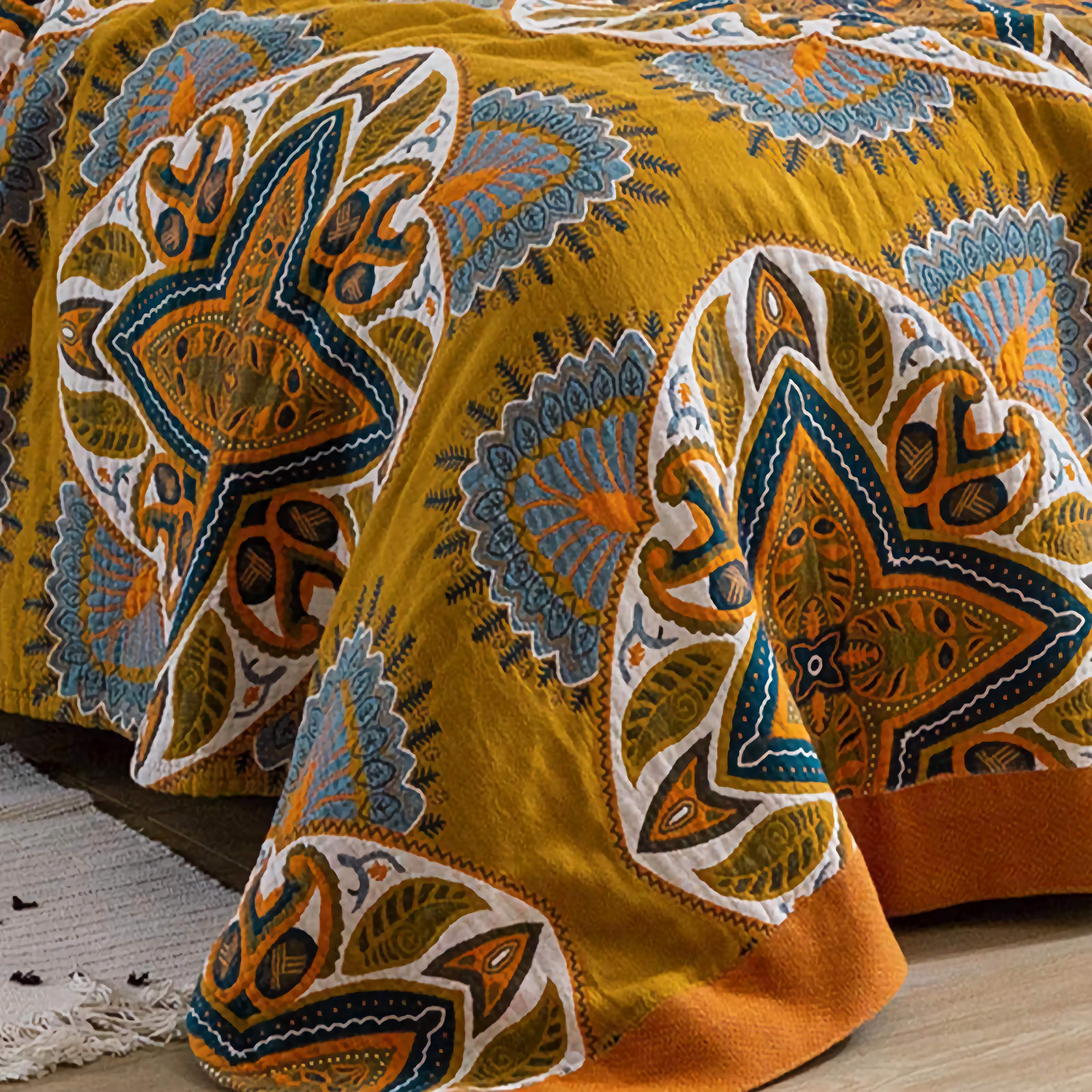 Bohemian Mandala Pattern Cotton Bedspread King Size Teal Yellow Reversible Quilt — Image 5