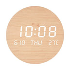 Modern Wooden LED Wall Clock Round Digital Display with Temperature Date Function — Image 7