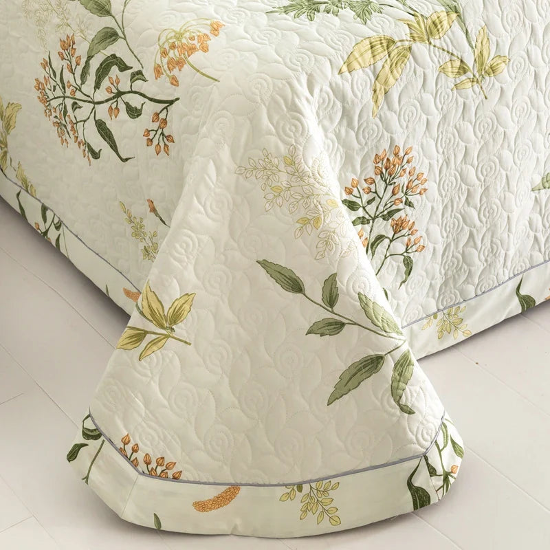 Floral Quilted Bedspread Set Cotton Green Botanical Pattern King Size — Image 6