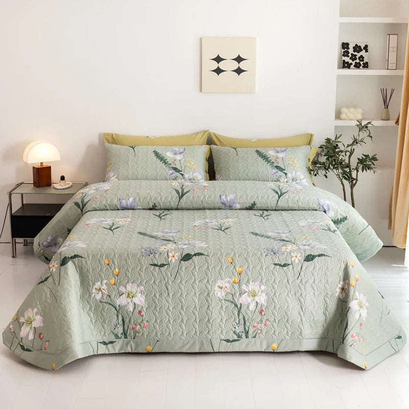Floral Quilted Bedspread Set Cotton Green Botanical Pattern King Size — Image 11