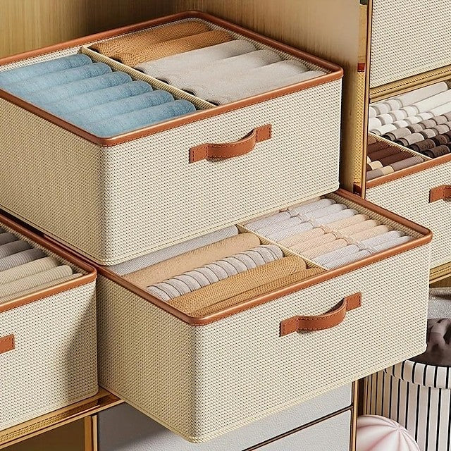 Foldable Fabric Storage Box with Lid Beige 50x40x20 cm Closet Organizer — Main Image