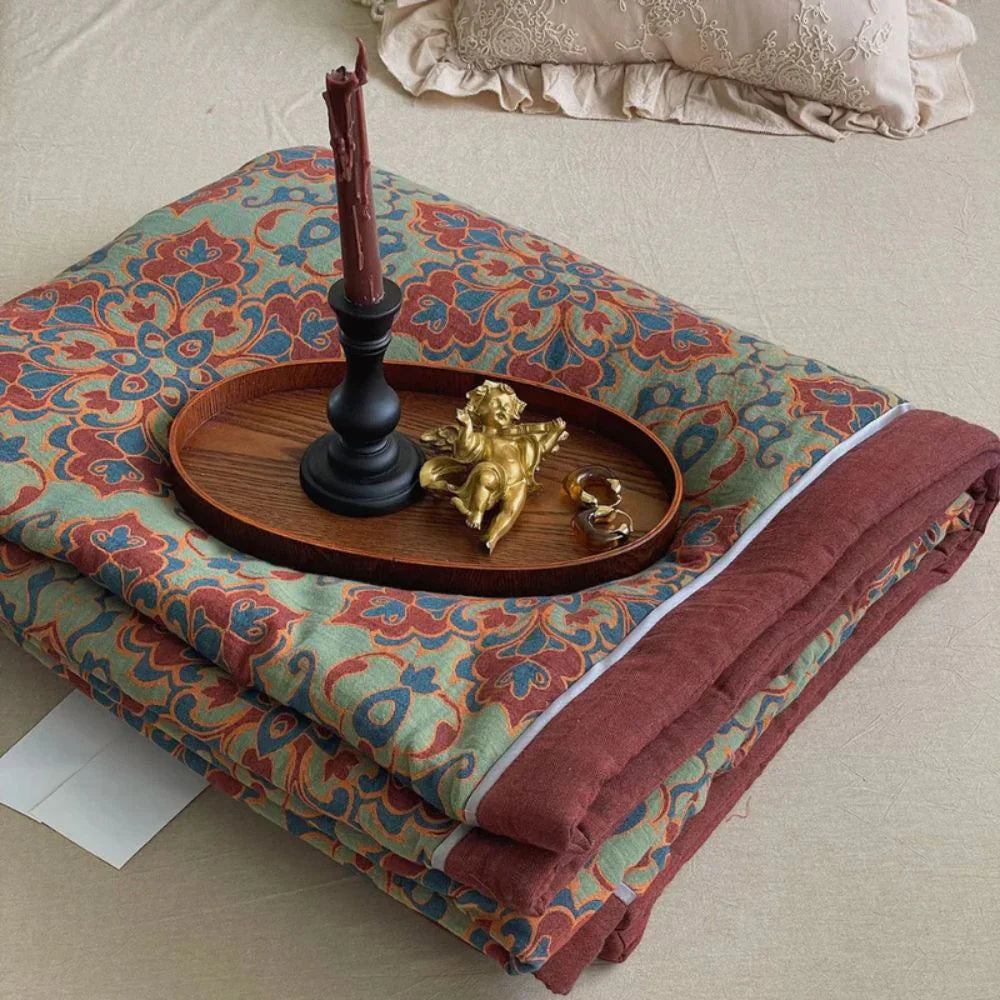Luxury Cotton Floral Bedspread Reversible Quilt Red Green All-Season Bedding — Image 3
