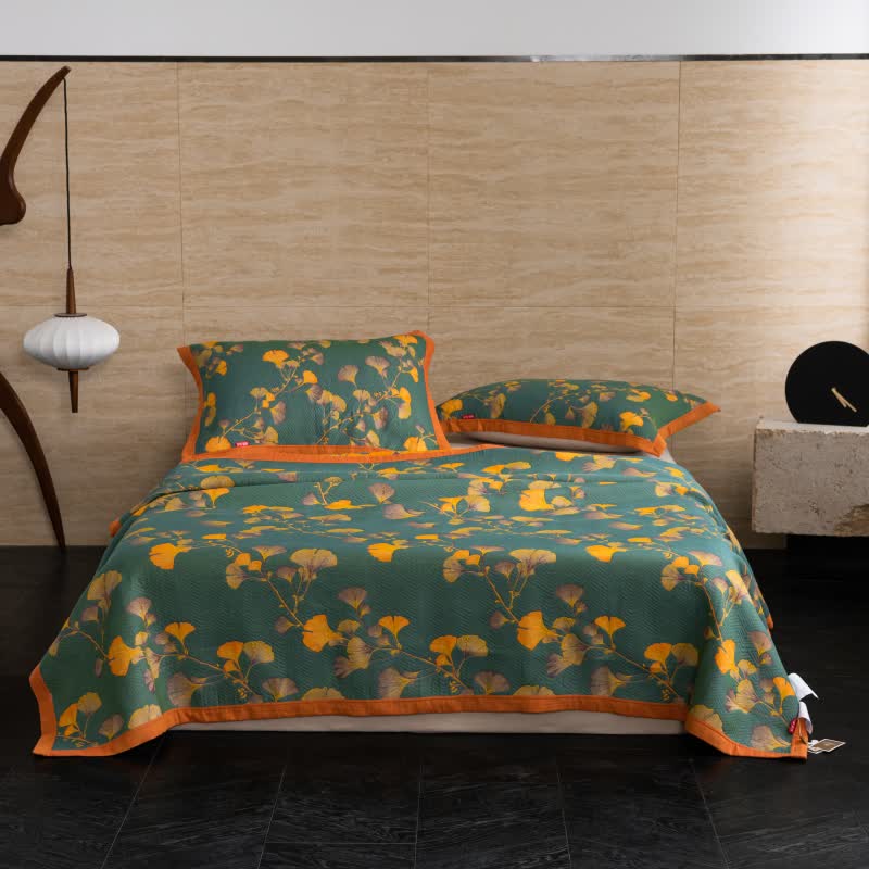 Luxury Floral Quilt Set Cotton Green Orange Reversible King Size Bedding — Image 2