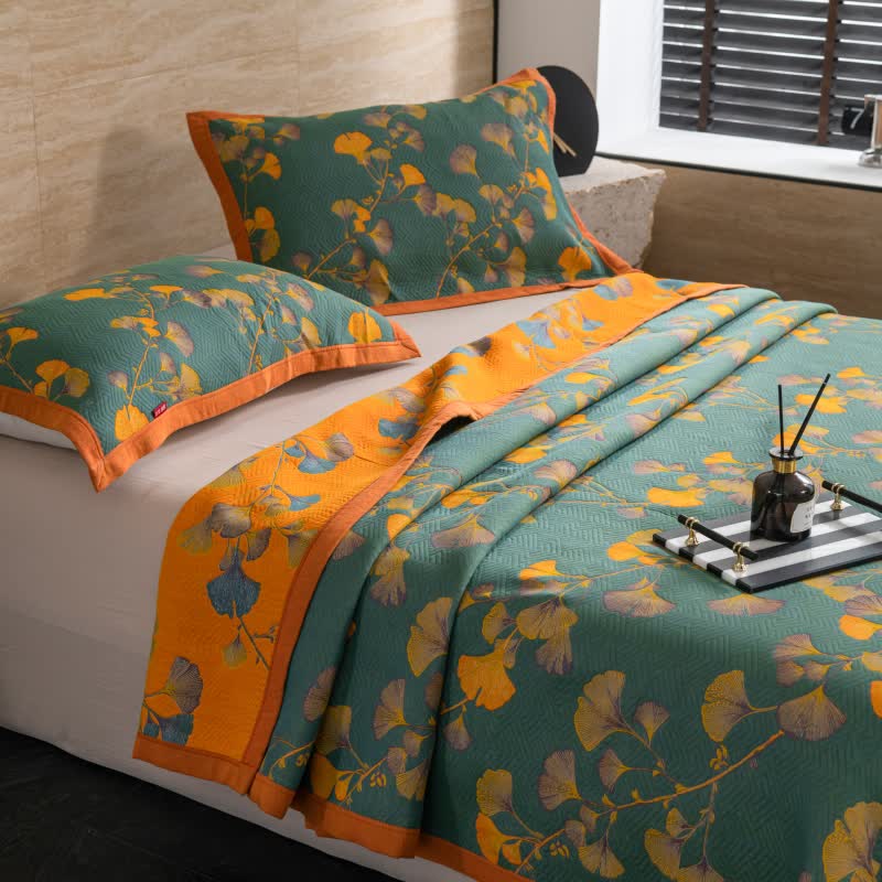 Luxury Floral Quilt Set Cotton Green Orange Reversible King Size Bedding — Image 6