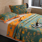 Luxury Floral Quilt Set Cotton Green Orange Reversible King Size Bedding — Image 6