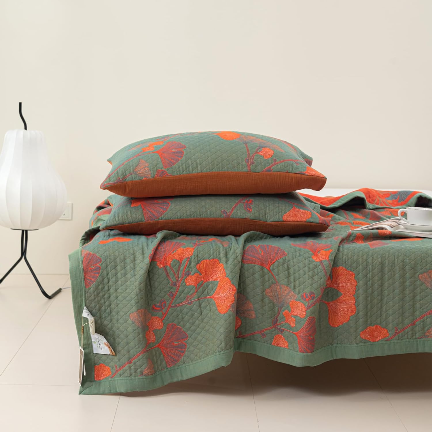 Elegant Floral Quilted Bedspread Set Green Orange Cotton King Size Bedding — Image 3