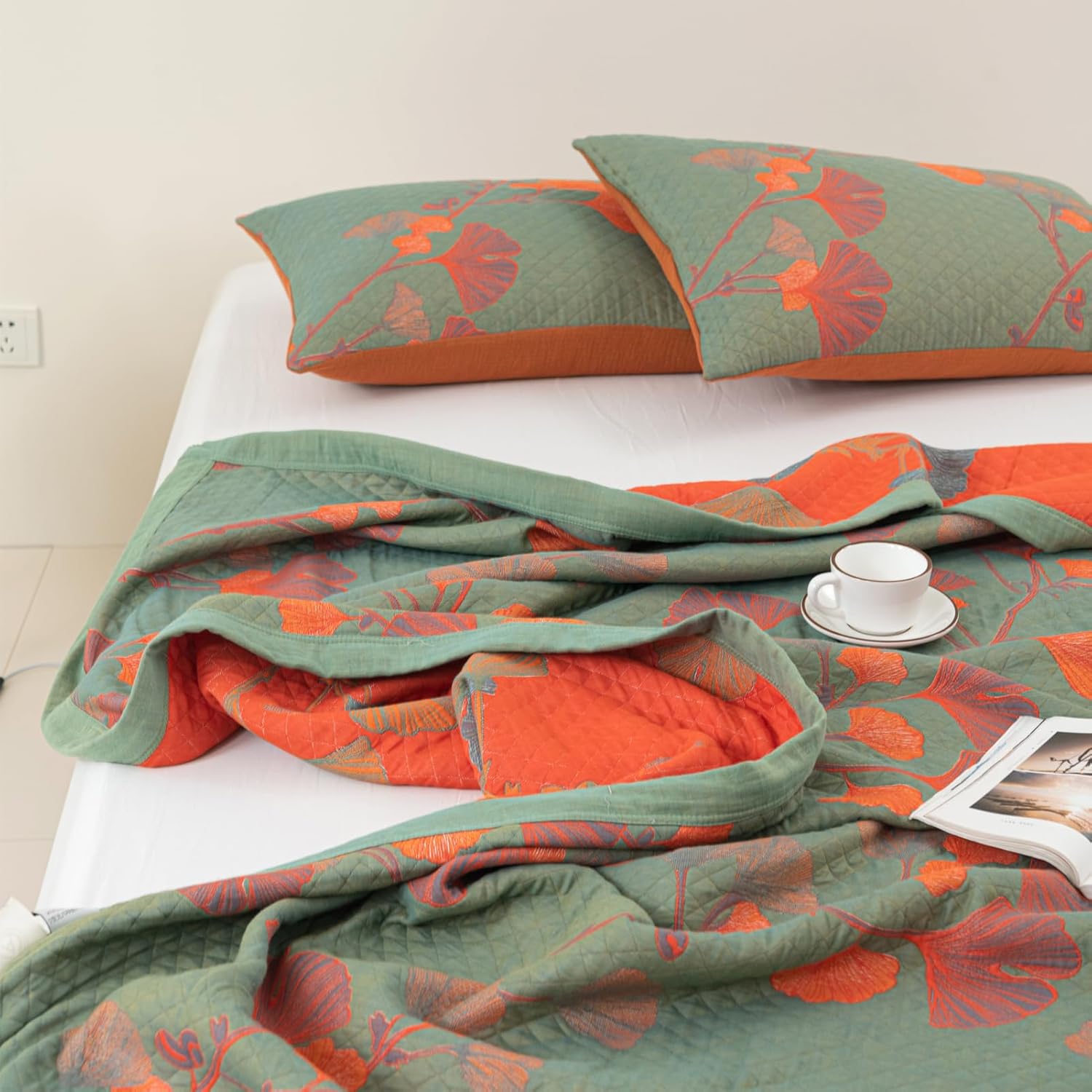 Elegant Floral Quilted Bedspread Set Green Orange Cotton King Size Bedding — Image 10