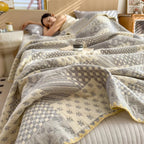 Elegant Patchwork Cotton Quilt Blanket Reversible Beige Blue Soft Lightweight Bedding — Image 6