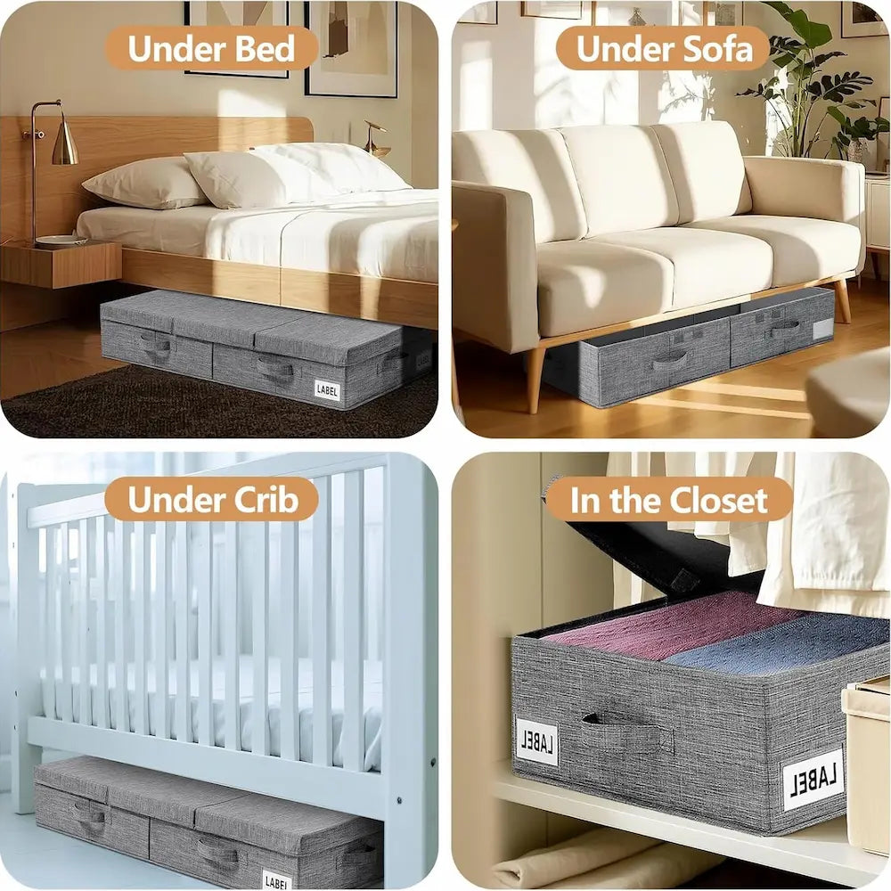 Underbed Storage Organizer Grey Fabric Foldable Box with Lid for Clothes and Blankets — Image 6