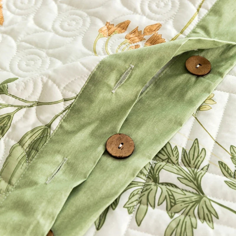 Floral Quilted Bedspread Set Cotton Green Botanical Pattern King Size — Image 5