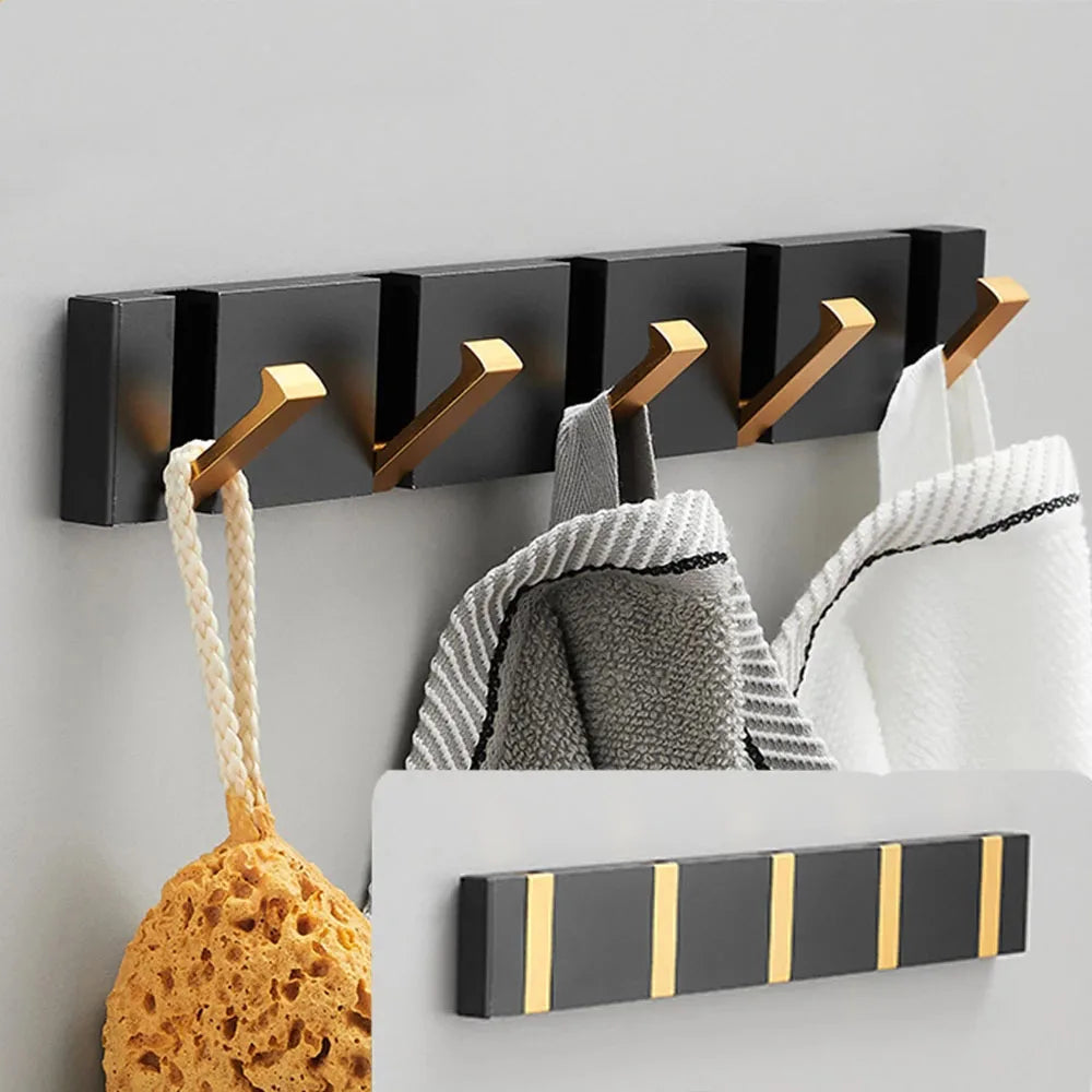 Modern Wall-Mounted Foldable Hook Rack Black Aluminum Gold Accents 5 Hooks — Main Image