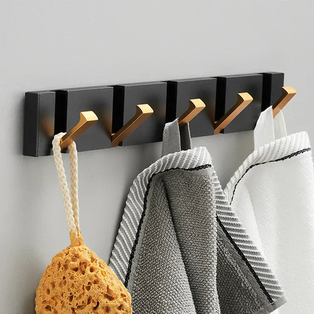 Modern Wall-Mounted Foldable Hook Rack Black Aluminum Gold Accents 5 Hooks — Image 10