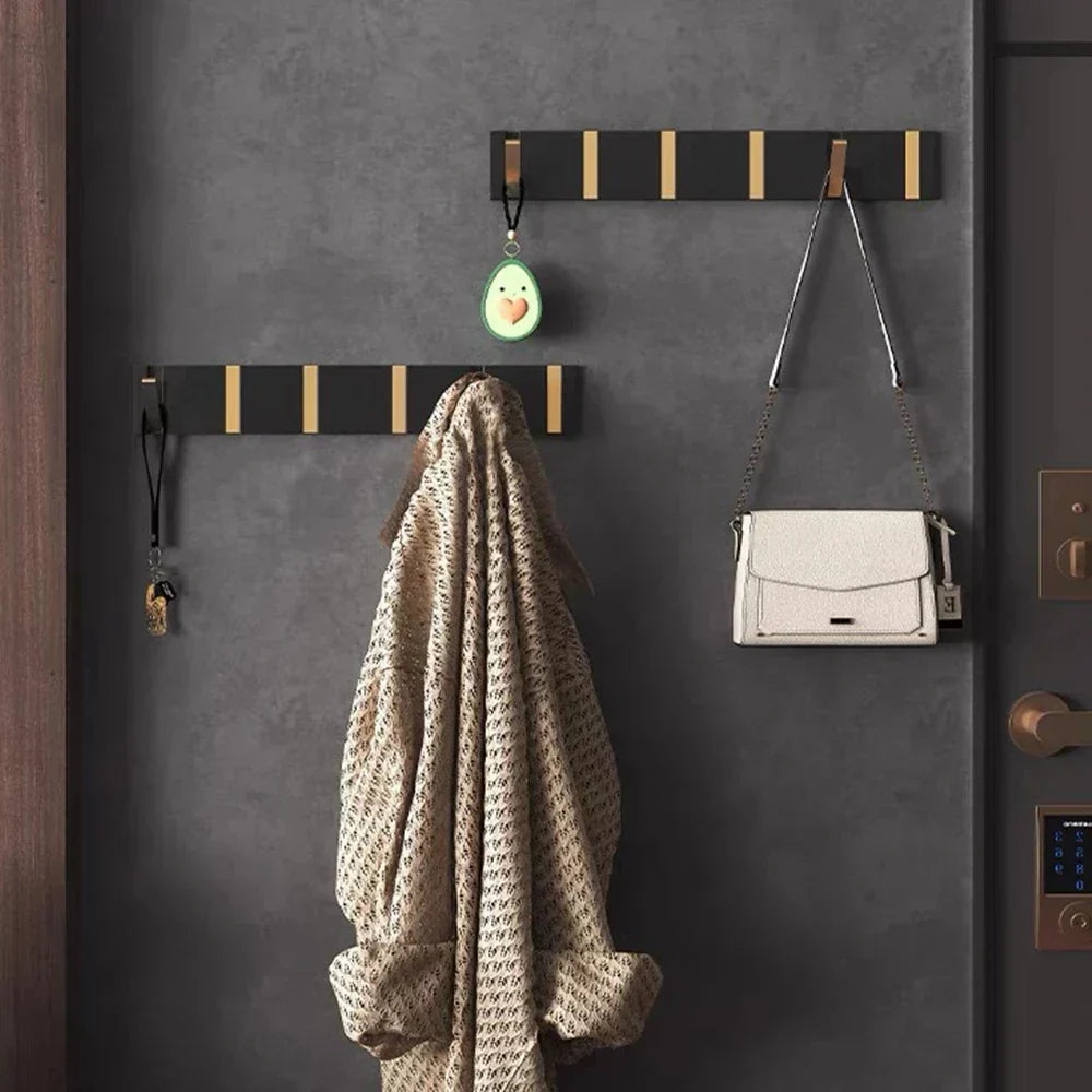 Modern Wall-Mounted Foldable Hook Rack Black Aluminum Gold Accents 5 Hooks — Image 3