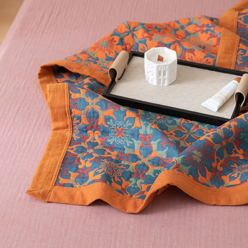 Elegant Floral Cotton Bedspread Set Orange Blue Queen Size Reversible Quilt — Image 7
