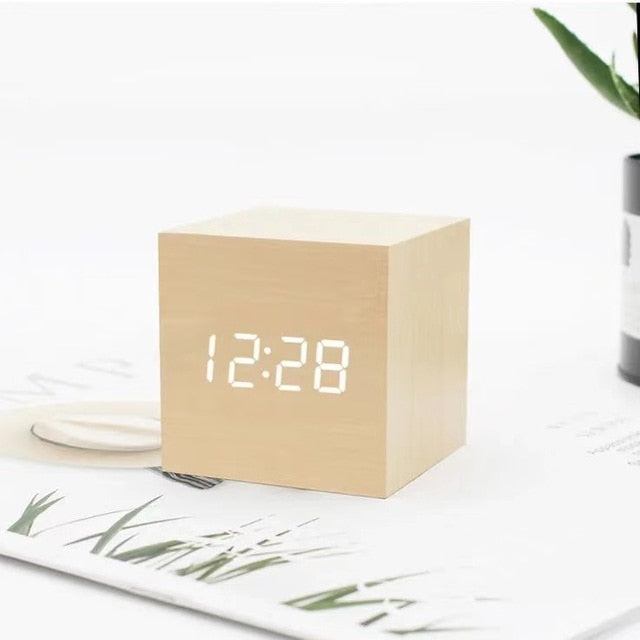 Modern LED Wooden Cube Alarm Clock Multi-Color Display USB Powered 6.3cm — Image 5