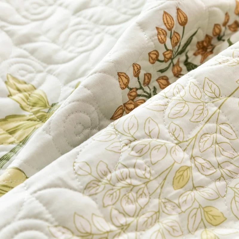 Floral Quilted Bedspread Set Cotton Green Botanical Pattern King Size — Image 8