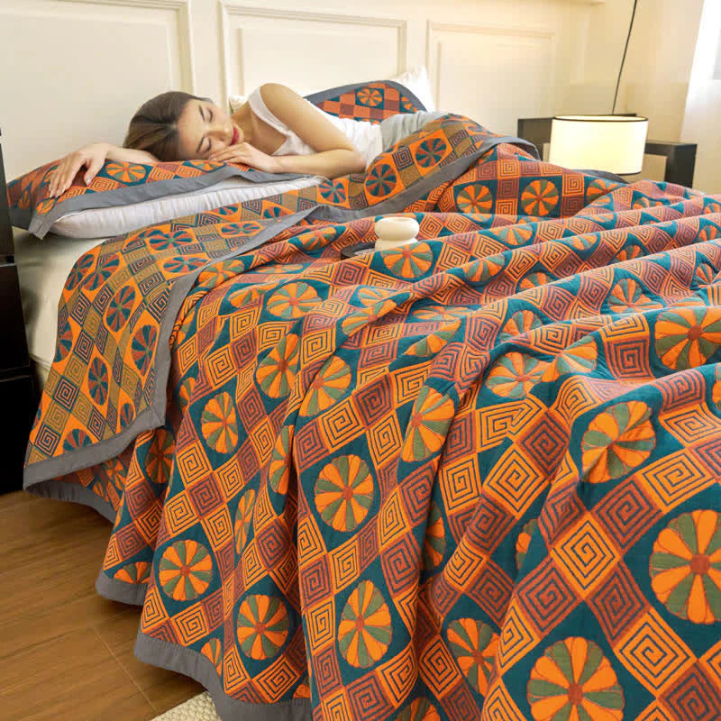 Geometric Quilted Bedspread Set Cotton Orange Green Pattern King Size Reversible — Main Image