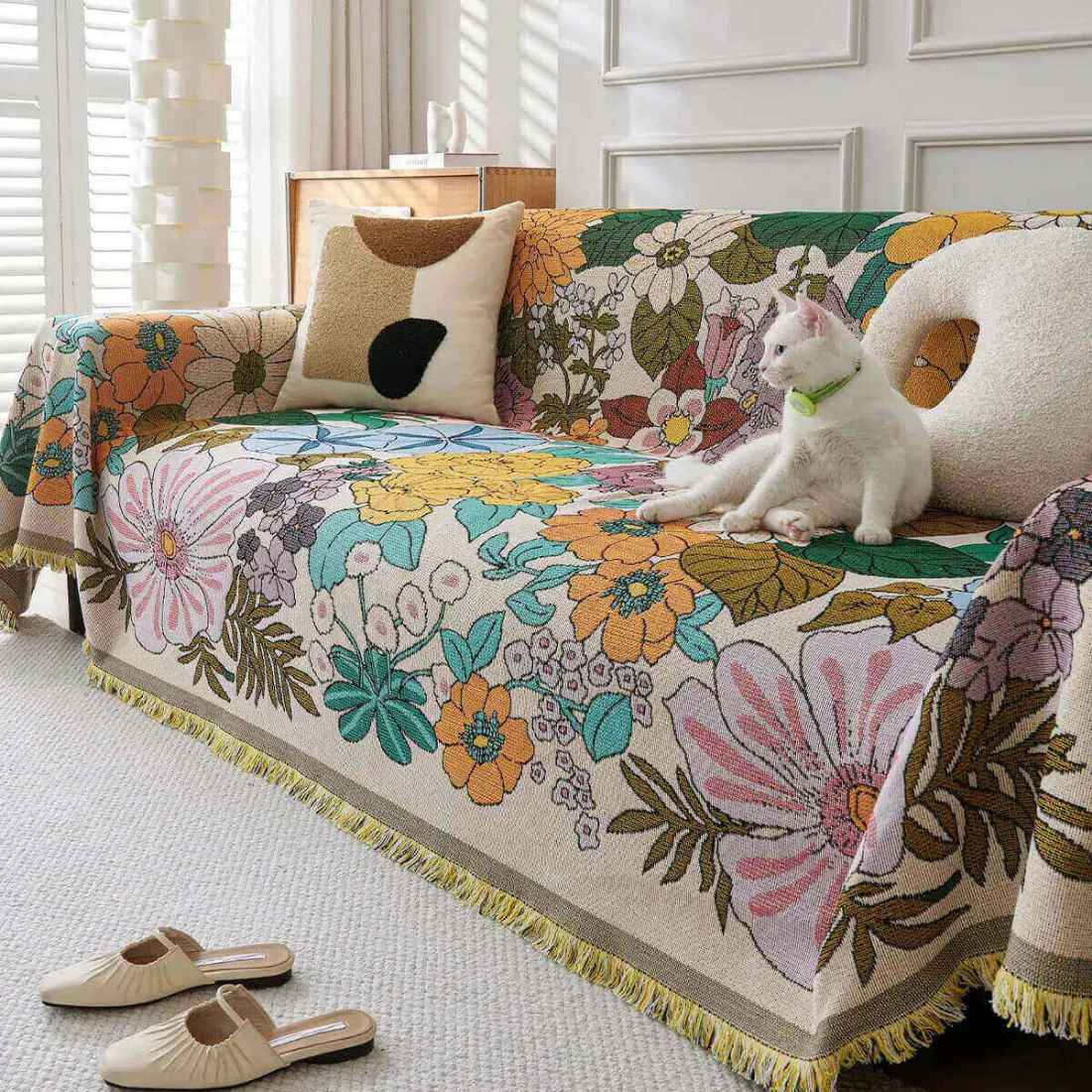 Reversible Floral Sofa Cover Cotton Blend Tapestry with Tassels for Living Room — Image 2