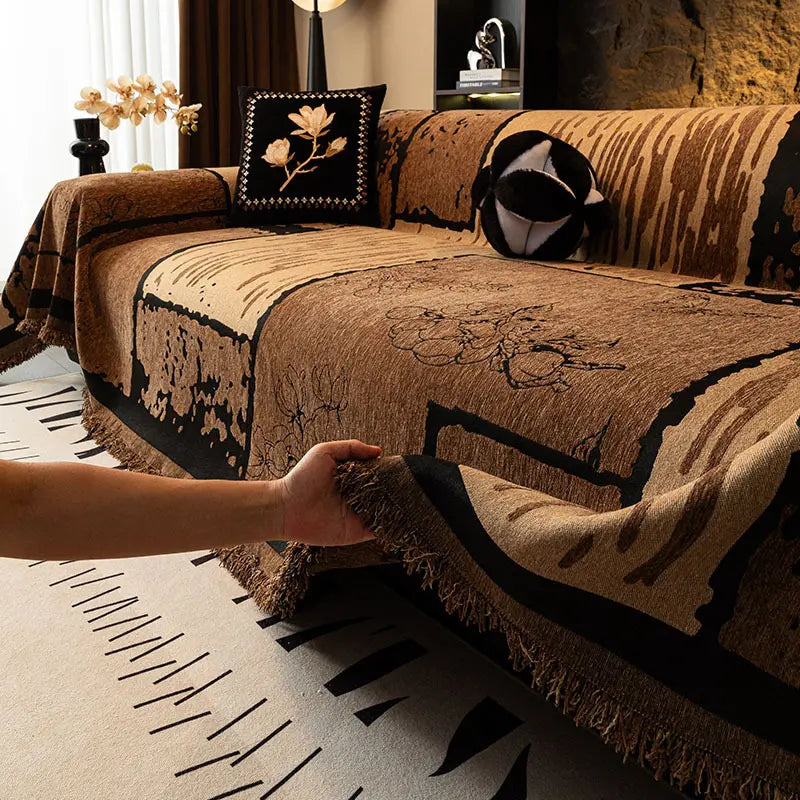 Elegant Woven Sofa Throw Blanket Cotton Blend Floral Pattern Brown — Image 2