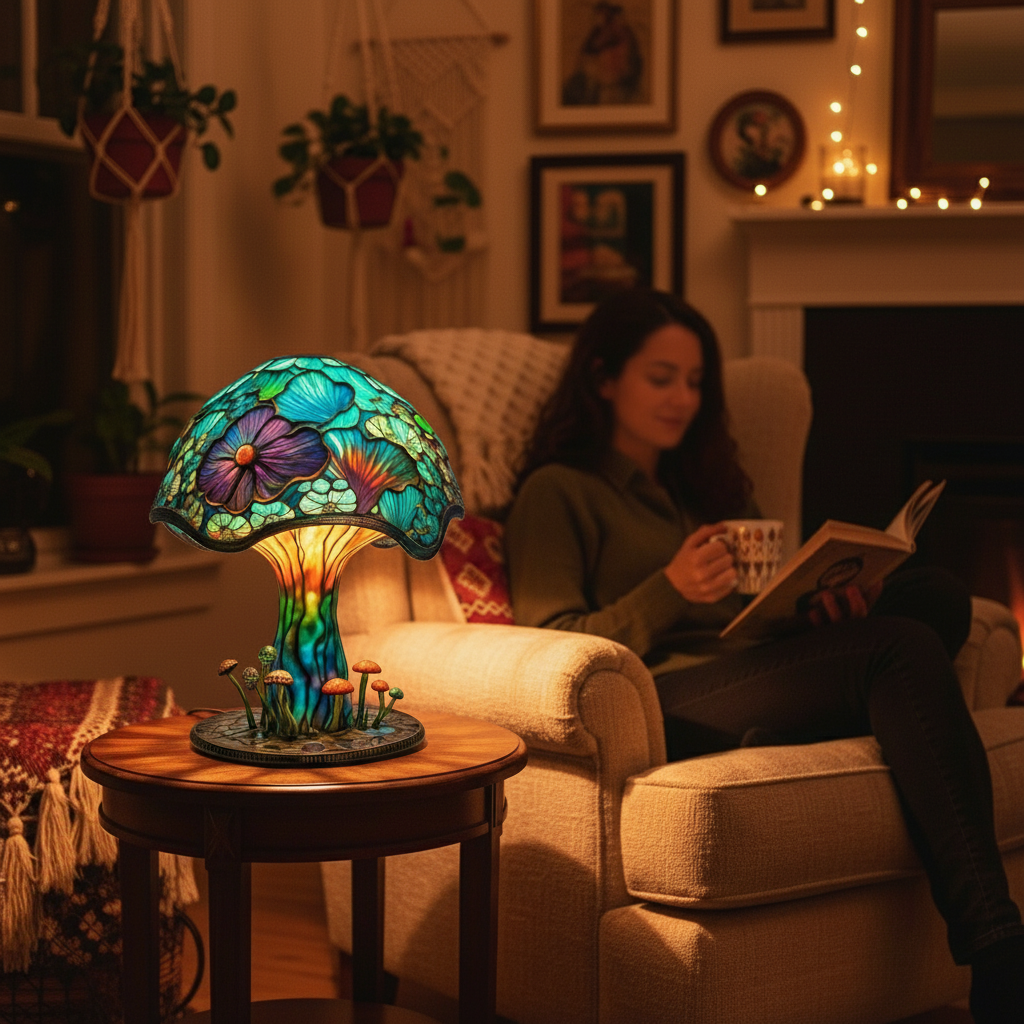 Artistic Stained Glass Mushroom Table Lamp Handcrafted Decorative Accent Light Multicolor — Image 2