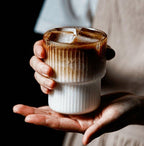 Elegant Ribbed Ceramic Coffee Mug Set White Brown Modern Design — Main Image
