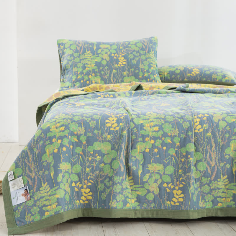 Reversible Floral Comforter Set Cotton Green Yellow King Size Bedding — Main Image