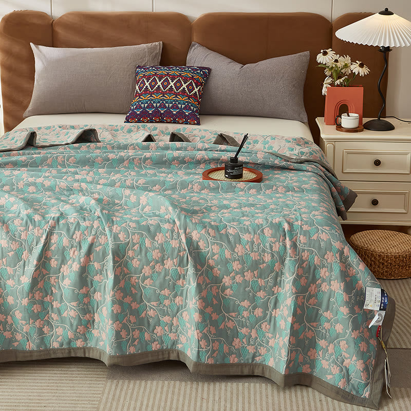 Reversible Floral Cotton Quilt Blanket King Size Blue Pink Green Pattern — Image 3
